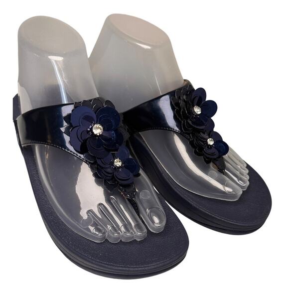 FitFlop Lulu Wildflower Navy Sequin Thong Sandals Shoes Women US Sz 6 Comfort EC - Picture 12 of 16